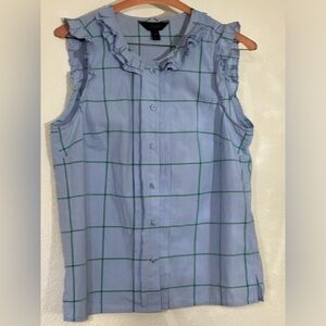 J.Crew Blouse Women Cotton Blue/green Windowpane Sleeveless Ruffled Button Sz 4P